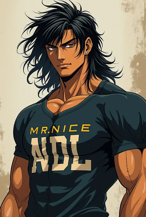 Create a picture of Ken Shiro, the shirt must have the words "Mr.Nice" and "ADL" written on it