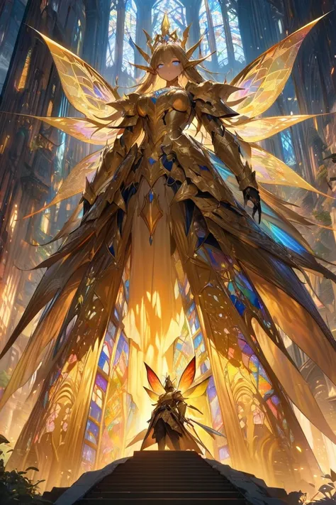 ((masterpiece, Highest quality, Best image quality, High resolution))  male, Towering and majestic armored king fairy, with radiant, semi-transparent wings resembling stained glass.
Golden armor-like skin that glows faintly in the dark, adorned with intric...