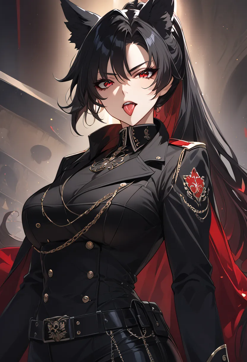 beautiful anime woman wearing a black military trench coat, tight black jeans pants, wolf ears, wolf tail, half wolf and half hu...