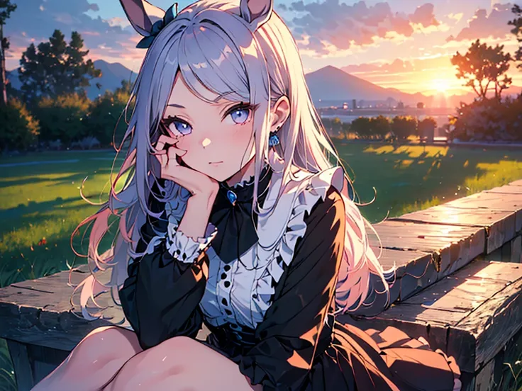 Alone, 1 girl, (human ears, earrings), (Anime Face), (((sitting, hands on face))), (black casual dress with ruffled sleeves, black skirt with ruffles), ( sunset sky, sunset sun) , evening sky), (focus on chest, Oblique angle), (high resolution, masterpiece...