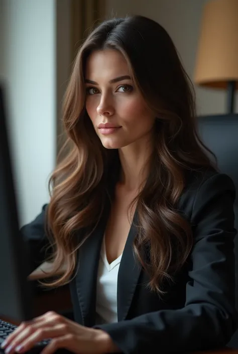 A pretty one with long brown hair,com mechas douradas  detailedeyes, nose, and lips,  computer wearing professional clothing ,  sitting in her office , using your computer, hp computer (best qualityer,4K,8k, high resolution, artwork:1.2),ultra detali,(real...