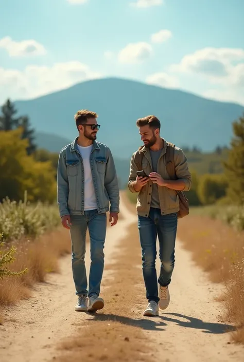 two young men walking on a dirt road while one of them receives a phone call