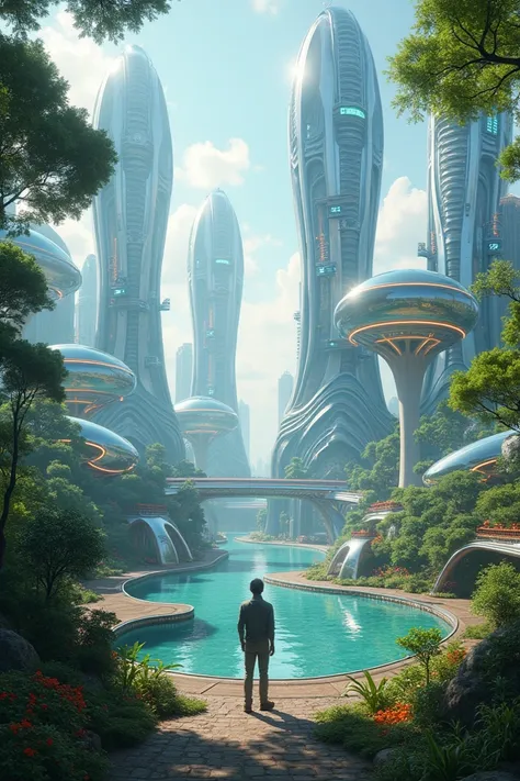 A man-made bubble city, with nature, with modern technology, decorated like in a future world.