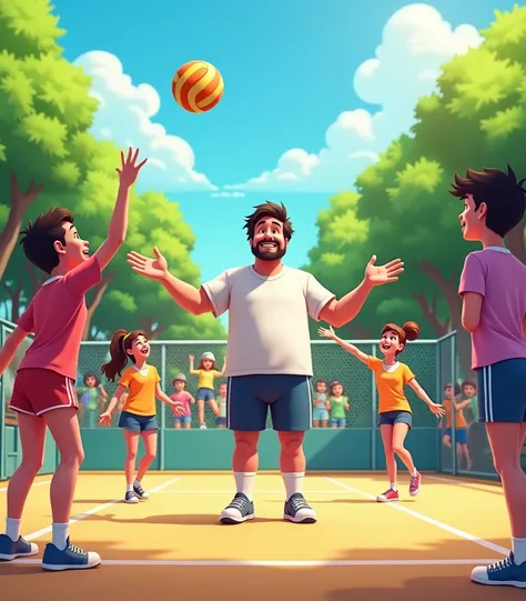  An animated scene on a sunny and colorful school court ,  with excited students trying to play volleyball . The ball is in the air, while some students try to reach her clumsily,  and others laugh at the situation .  The teacher is in the center of the co...