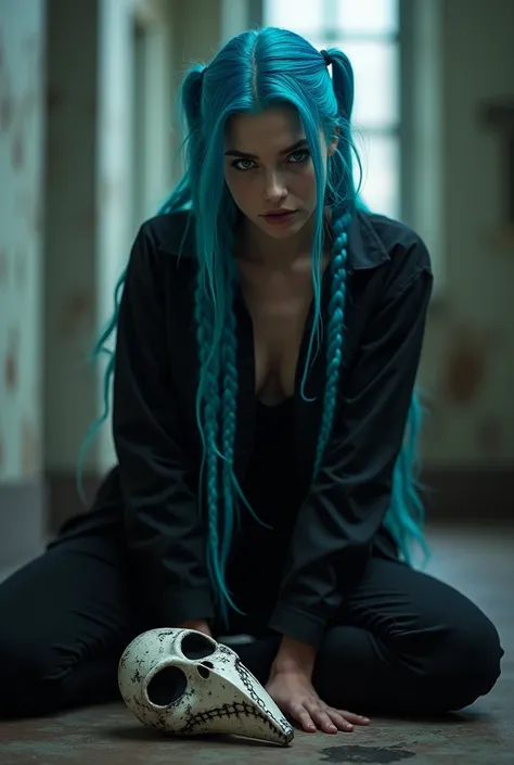 a menacing-looking teenager , with a long blue braid ,  dressed in black and with a doctor of the black plague mask on the floor on one side,  has to look like Jinx from the Arcane series
