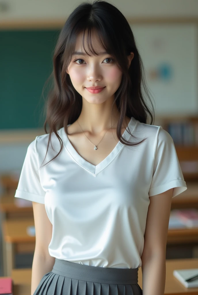 ((Highest quality)), ((masterpiece)), (detailed), Perfect Face, Beautiful Japanese Woman, White T-shirt, Fascinating, Face and body focus, (Large Breasts) , school uniform, Tight white silk blouse, Grey pleated skirt, Fluffy fur hood, Realistic, photograph...