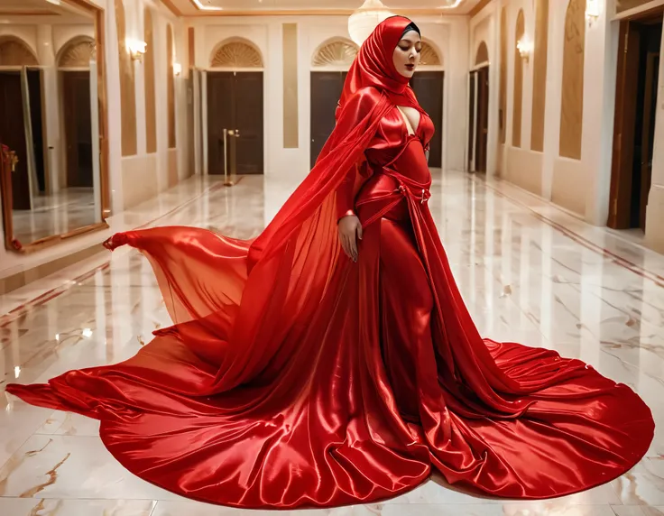 A woman shrouded in a 8-meter-long, plush red transparent satin cloth, slim body with big breast,tightly bound and grandly draping along the form of her body, flowing off into a pooled floor-length train, styled in a mermaid-inspired outfit, her head modes...