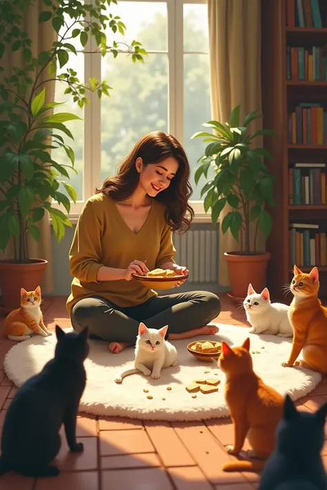 A cozy living room with a , Maria, playing with colorful cats of various breeds. She is sitting on a rug, smiling, while soaking bread in a bowl of milk for the cats. The room is warmly lit, filled with plants and books, creating a peaceful atmosphere.