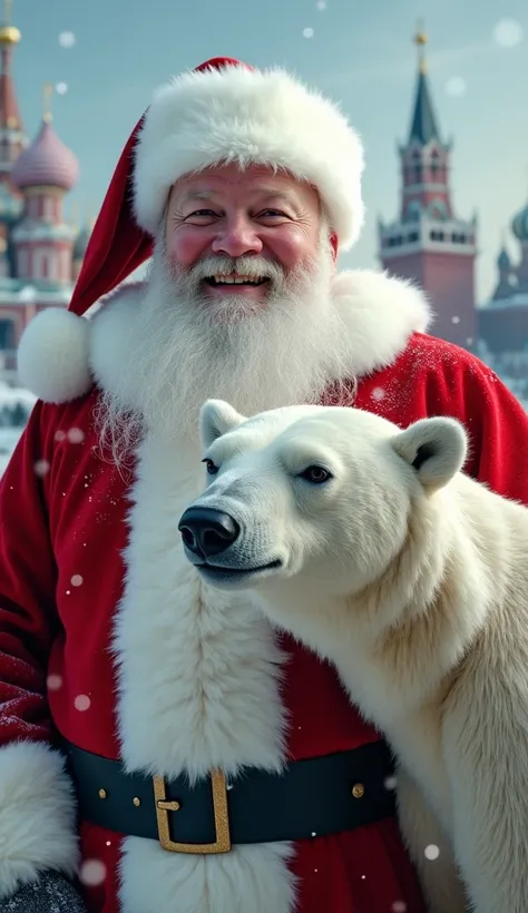  Hyper realistic happy Santa Claus photo,  background with hyper realistic polar bear for Christmas, Moscow , foto 8K, cuerpo entero