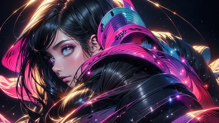 a beautiful anime girlin landscape, extremely detailed eyes and face, long eyelashes, dark black clothes flowing in a colorful universe, eyes reflecting the colors, clothes illuminated by the colorful universe, detailed digital painting, photorealistic, 8k...