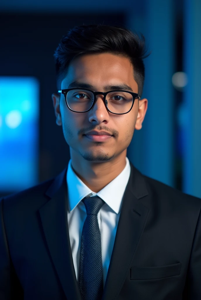 A photo of a 25-year-old Bangladeshi boy wearing formal attire and glasses. He is posing for a LinkedIn photo with a serious expression. There is a blue and black light in the background. Dont wear any earing or unnecessary things.