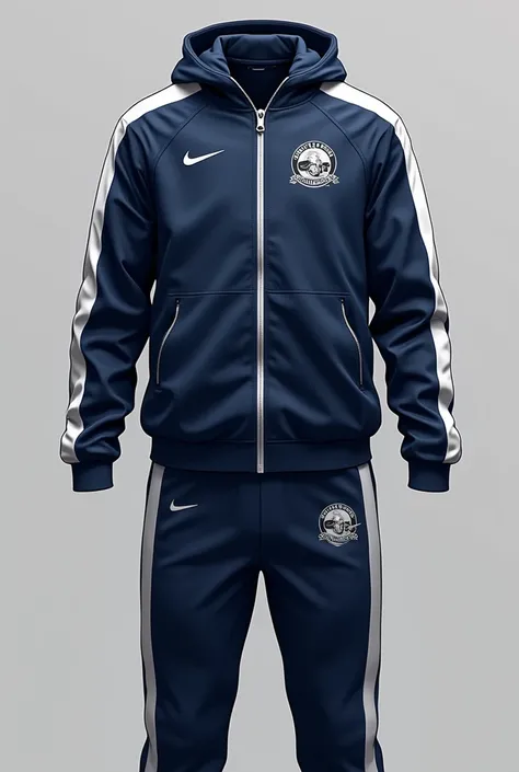 create a school sports team (jacket and pants ) in navy blue with white details.