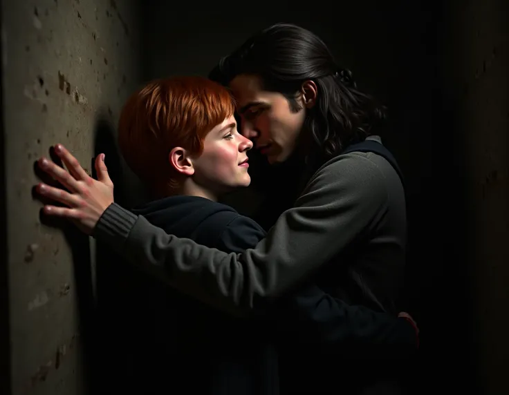 Black haired Sirius and a teenage boy Ron kissing