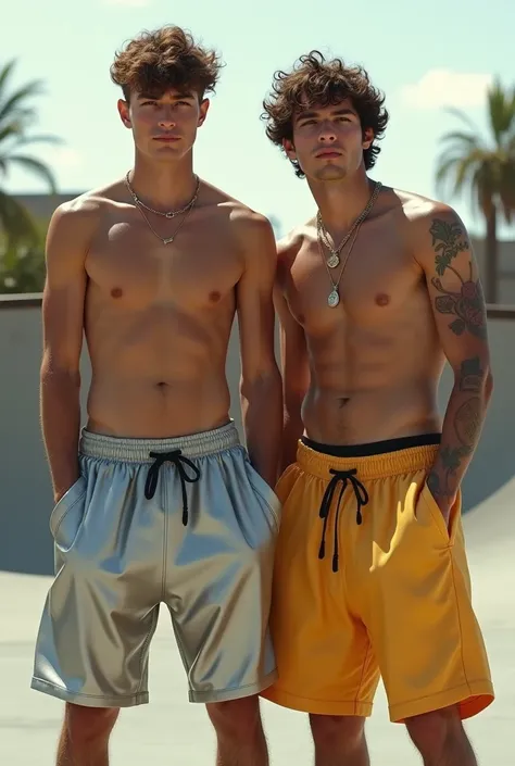 A white shirtless skater guy sagging really low his very baggy silver shorts with a shirtless skater boy sagging golden shorts.