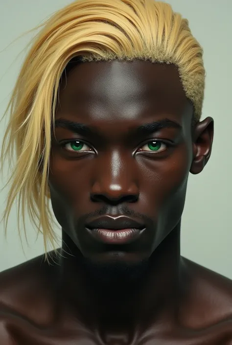 A black African man with medium straight blond hair and green eyes 