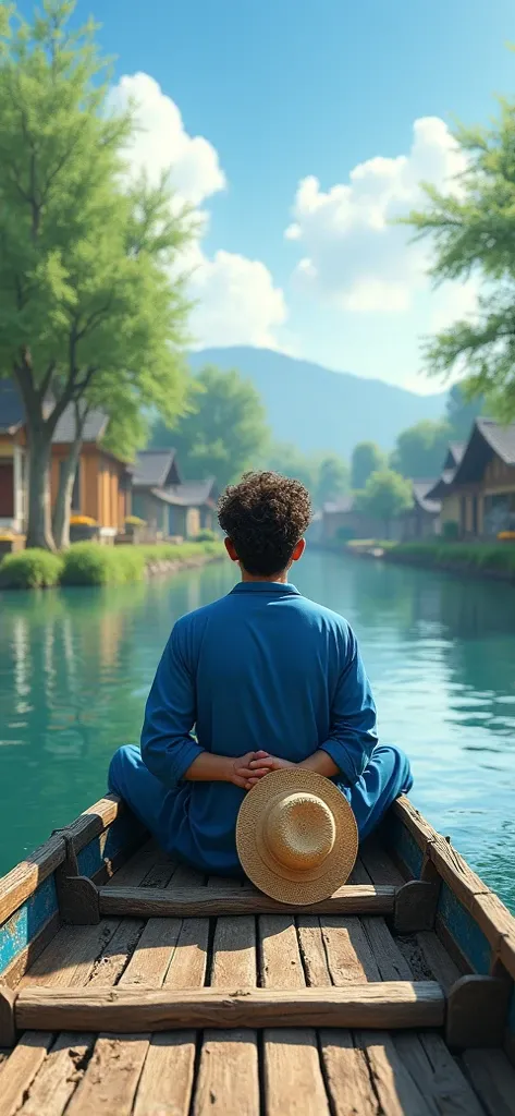 Prompt: “A man sitting on a wooden boat, wearing a traditional blue outfit. He is holding a straw hat in his hands and has curly, slightly unkempt hair. The scene is set on a calm river surrounded by lush green trees and rural houses in the background. The...