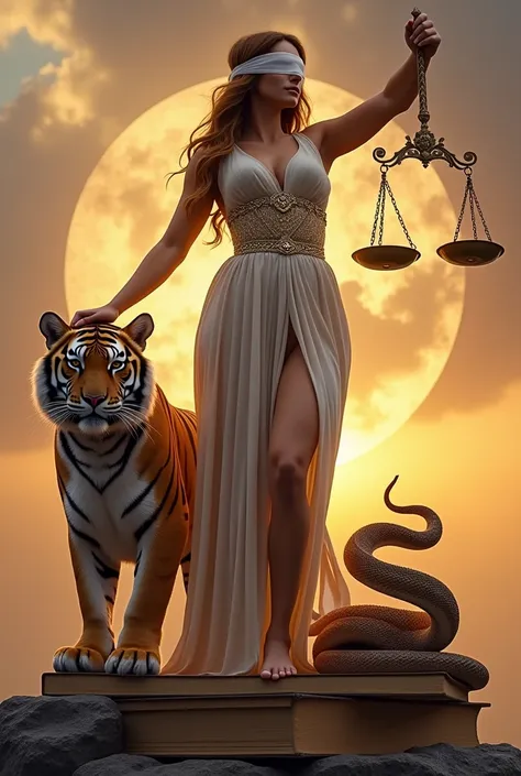  real photo of the goddess of justice , with a full body , and beautiful,  and showing his bigger breasts and showing his thicker legs, includes the scale , a long sword,  and covers her eyes with a white band, and stepping on the body of a snake with his ...