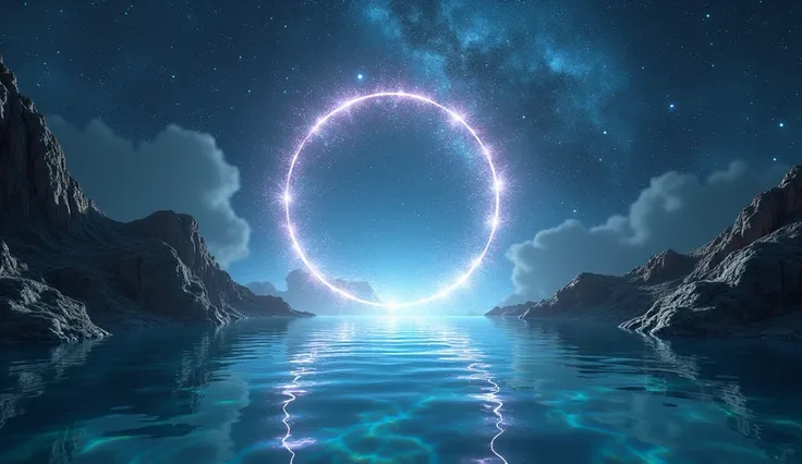 A surreal cosmic portal emerging from a calm pool of water, with the reflection revealing celestial constellations and soft universal vibrations."

