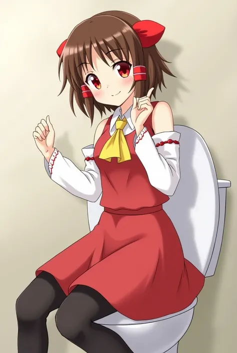 anime, hakurei reimu, red eyes, brown hair, red hair bow, red hair tubes, miko dress, yellow ascot, white collared shirt, red dress, red shirt, white detached sleeves, red skirt, black leggings, sit toilet, happy, 