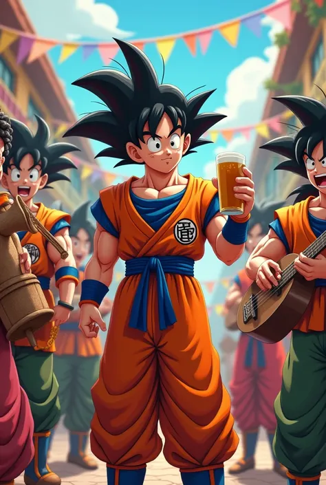 Goku with a beer in his hand with the Z warriors as if they were a Vallenato band  