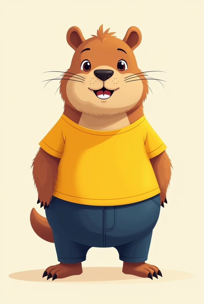 Help me create a capybara mascot for a school contest .  The preferred colors are yellow for the t-shirt and navy blue for the pants.