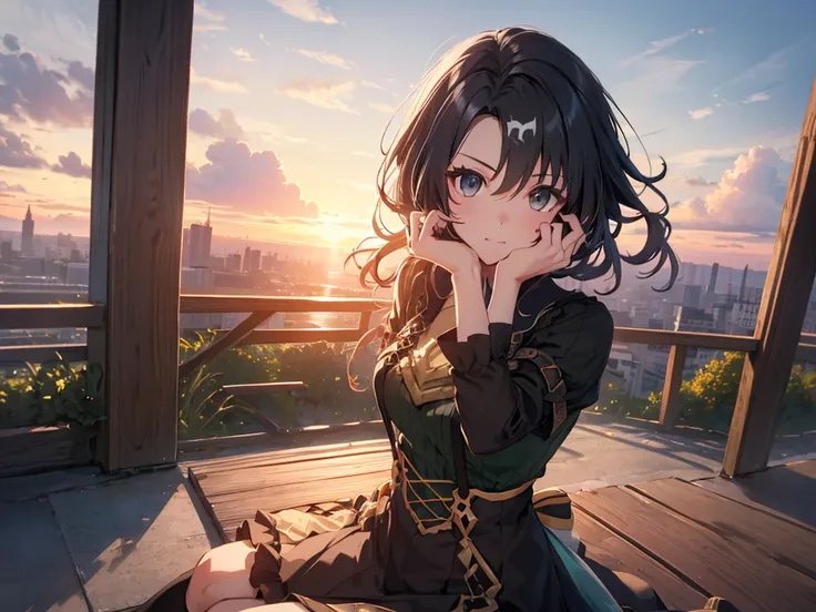 Alone, 1 girl, (human ears, earrings), (Anime Face), (((sitting, hands on face))), (black casual dress with ruffled sleeves, black skirt with ruffles), ( sunset sky, sunset sun) , evening sky), (focus on chest, Oblique angle), (high resolution, masterpiece...