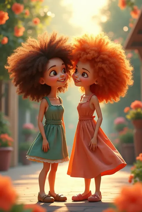 Two short women with curly hair 
