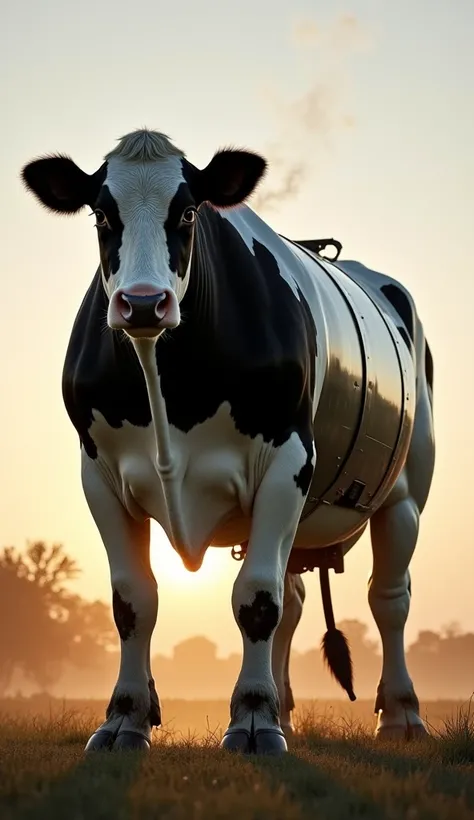 A colossal hybrid of a Holstein cow and a tanker truck, merging natural strength with industrial utility. The creature’s body features a blend of black-and-white fur and smooth, reflective metallic panels, with a cylindrical tank replacing its midsection. ...