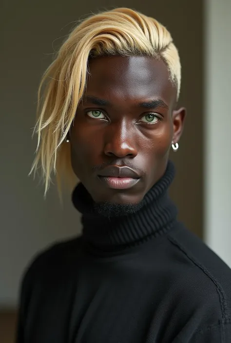 A tall black African man with medium straight blond hair and green eyes 