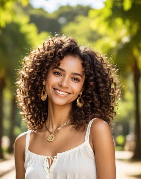  a Brazilian woman with medium brown skin ,  curly and dark hair ,  falling gently on the shoulders .  She has expressive brown eyes and a welcoming smile.  The character must wear casual clothes , like a light blouse ,  with simple accessories ,  such as ...