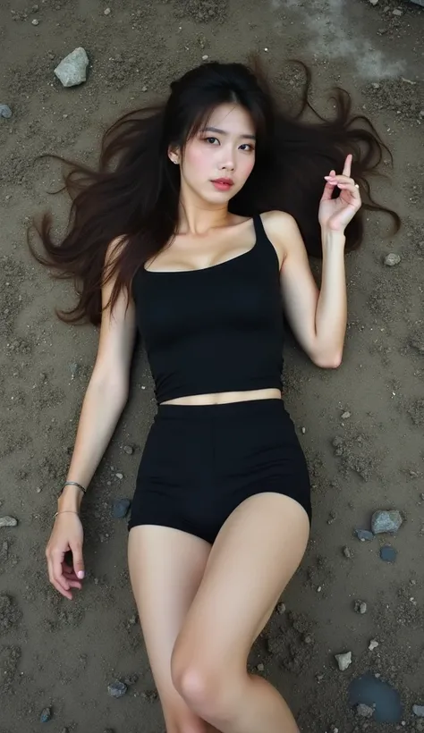 A full body photo of beauty and cute white skin korean girl wearing black tank top and black short legging, big size pushup breast, laying on dirty dirty ground with homeless man, the girl doing a sexy pose