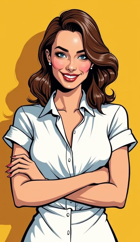 Comic book style image. DISCREET. with discreet clothes. adult image, american woman. with a white, discreet DRESS, WITH SLEEVES AND CLOSED AT THE FRONT in white. YOURE HAPPY.  IMAGES WITH VIBRANT COLORS. FOCUS ON THE FACE.