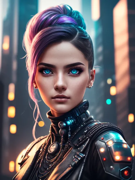 modelshoot style, 20yo cyberpunk woman in a futuristic cyberpunk city, intricate, scifi, futuristic, feminine face, detailed eyes, waist up, best quality masterpiece, photorealistic, detailed, 8k, HDR, shallow depth of field, broad light, high contrast, ba...