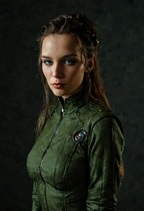 Size 1242x2688 pixels，Cyberpunk，Original style，3d，，A girl&#39;s head in the style of future technology machinery，Behind it is the future technology network code input，The girl character is fluorescent green。Clothes with circuit board design。Dark Moody，Mand...