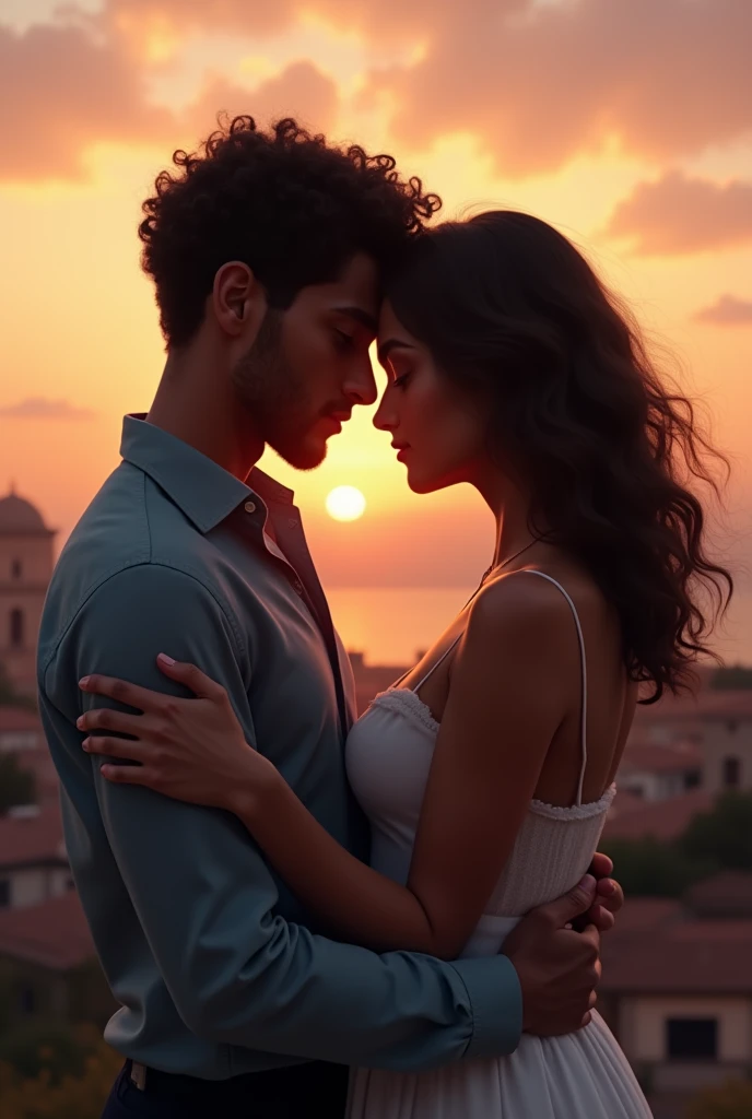  they are in Italy he is brown with short curls and she is from another country with her hair on her shoulders, Its dusk or dusk and theyre in love but you cant see their faces  