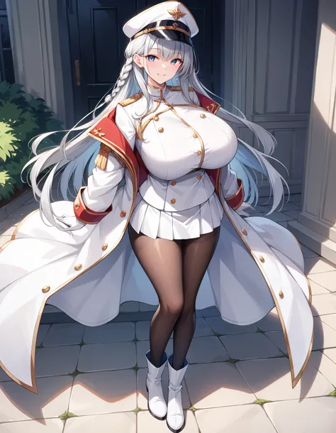 (masterpiece:1.3), (best quality:1.3), (ultra-detailed:1.3), 1girl, looking at viewer, long hair, silver hair, braided hair, huge breasts, smile, outdoors, military head cap, white jacket, white coat, military uniform, white gloves, white skirt, black pant...