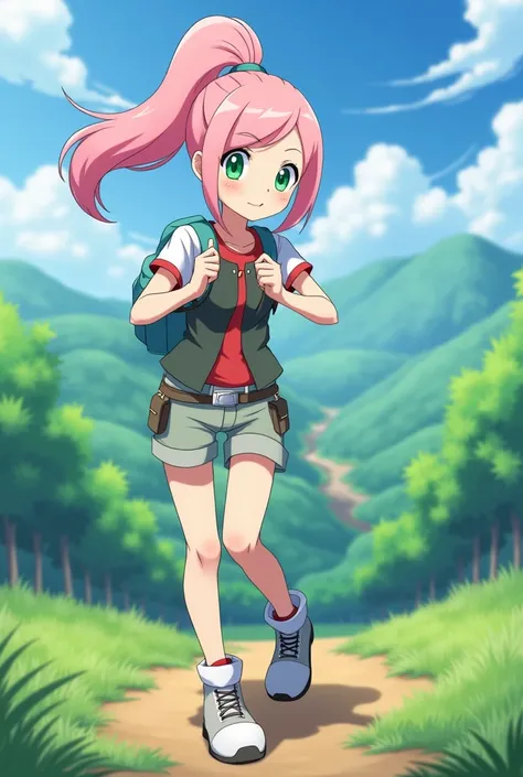 Anime girl with light pink hair tied in a ponytail  ,  emerald green eyes and wearing Pokemon trainer clothes