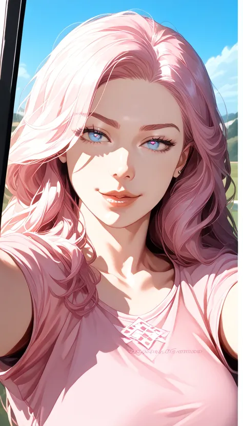 8K, Best Quality, Masterpiece, Ultra High Resolution, (Realism: 1.4), Original Photo, (Realistic Skin Texture: 1.3), (Film Grain: 1.3), (Selfie Angle), 1 Girl, Pink Clothes, Sapphire Color Eyes and Beautiful Face Details, Masterpiece, Best Quality, Close-u...