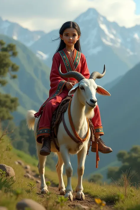 
A beautiful nepali girl  rides on a goat and is fully dressed up