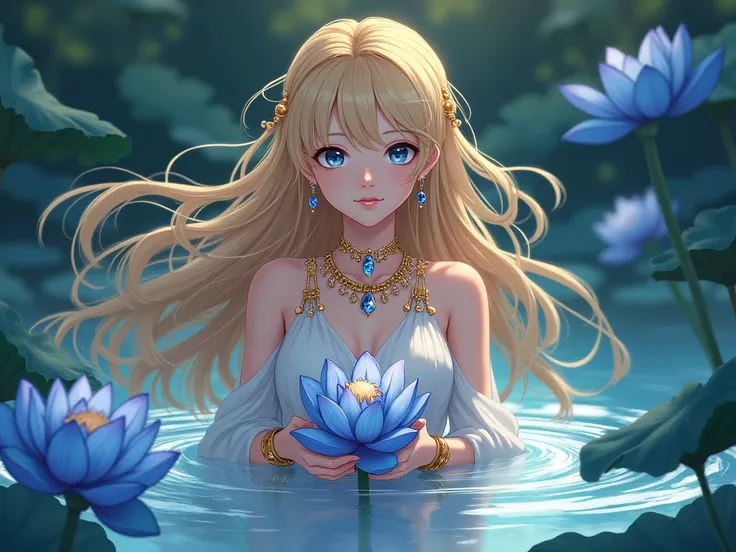 A captivating anime-style artwork set at dusk features an elegant girl with flowing golden hair, partially submerged in a serene blue lotus pond. She wears a Greek-inspired white gown, adorned with layered gold necklaces encrusted with multicolored gemston...