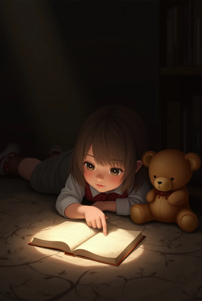 realism,   girl lies on her stomach , in half. Перед ней in half лежит открытая книга.  The girl points to the book with her index finger .  A teddy bear sits next to the girl .  A brown teddy bear .  The picture is darkened ,  with brown light .  A bright...