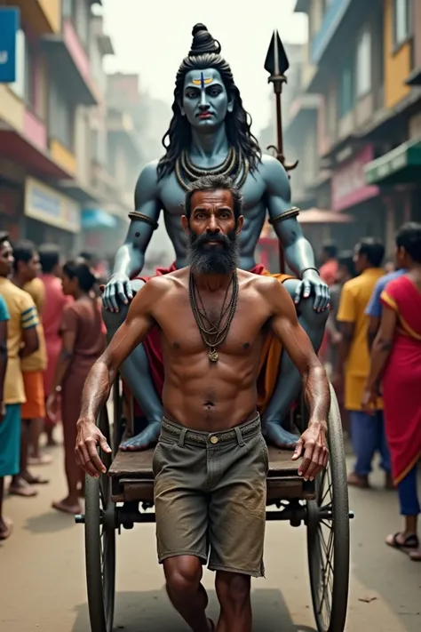 Make realistic 8k quality photo in which a poor rickshaw puller is carrying Lord Shiva on his rickshaw and the people around are standing with folded hands looking at Lord Shiva.