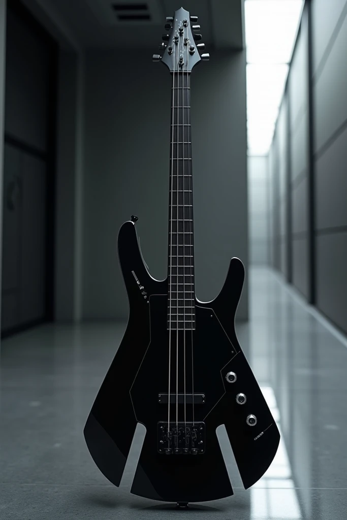 a futuristic design of an electric bass ,  with fairly straight lines and that is black