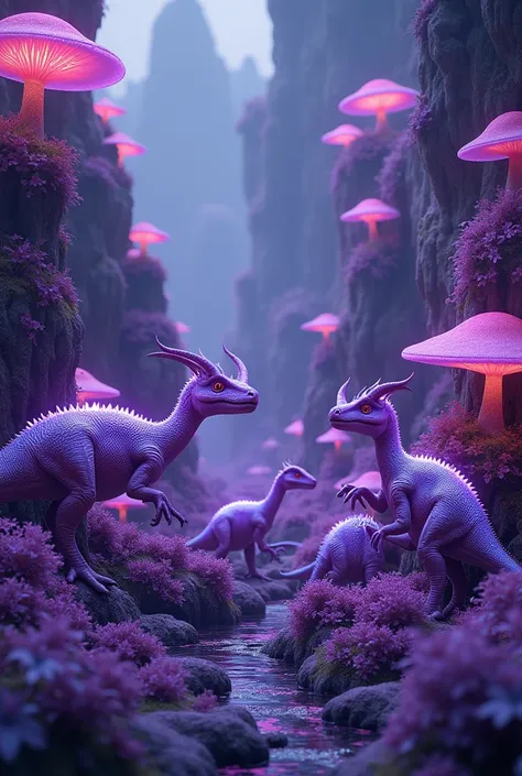 Various types of luminescent purple alien dinosaurs in a valley with lots of exotic luminescent purple mushrooms and plants around 