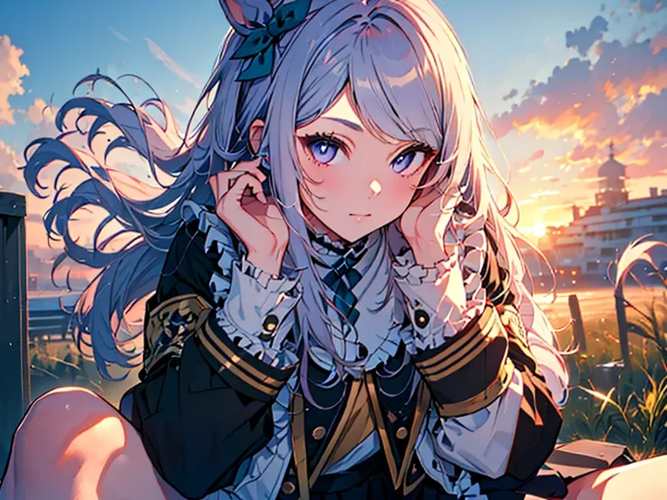 Alone, 1 girl, (human ears, earrings), (Anime Face),( side ponytail、 hair ornament), (((sitting, hands on face))), (black casual dress with ruffled sleeves, black skirt with ruffles), ( sunset sky, sunset sun) , evening sky), (focus on chest, Oblique angle...