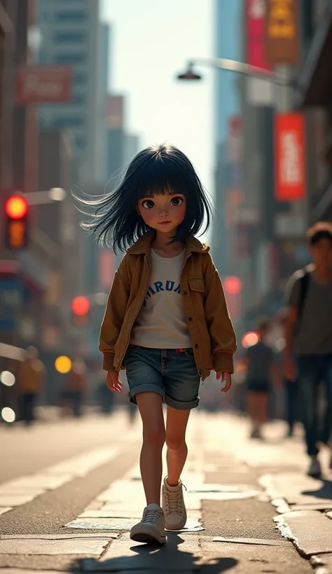 Nine-year-old girl walking around the city clothes of the brand American Eagle navy blue straight black hair French fringe hyper realistic cinematic detailed lots of light lighting 