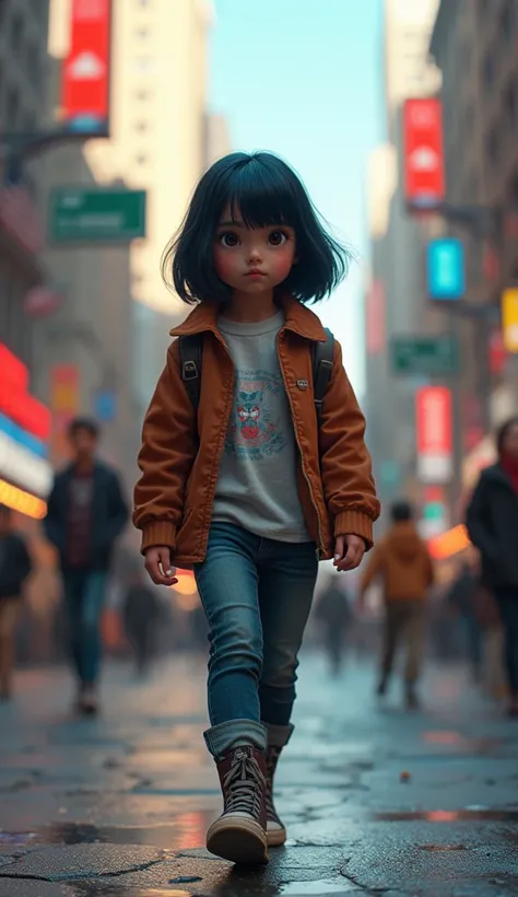 Nine-year-old girl walking around the city clothes of the brand American Eagle navy blue straight black hair French fringe hyper realistic cinematic detailed lots of light lighting 