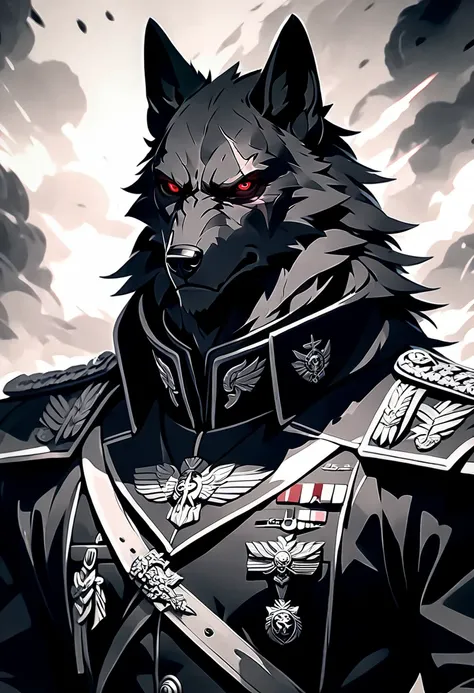 Handsome anthropomorphic black wolf wearing all black german style military outfit, detailed black fur, scar on eye, red eye color, evil, villain, sexy, masculine, arrogant expression, superiority complex, rugged, war general, military general, intimidatin...