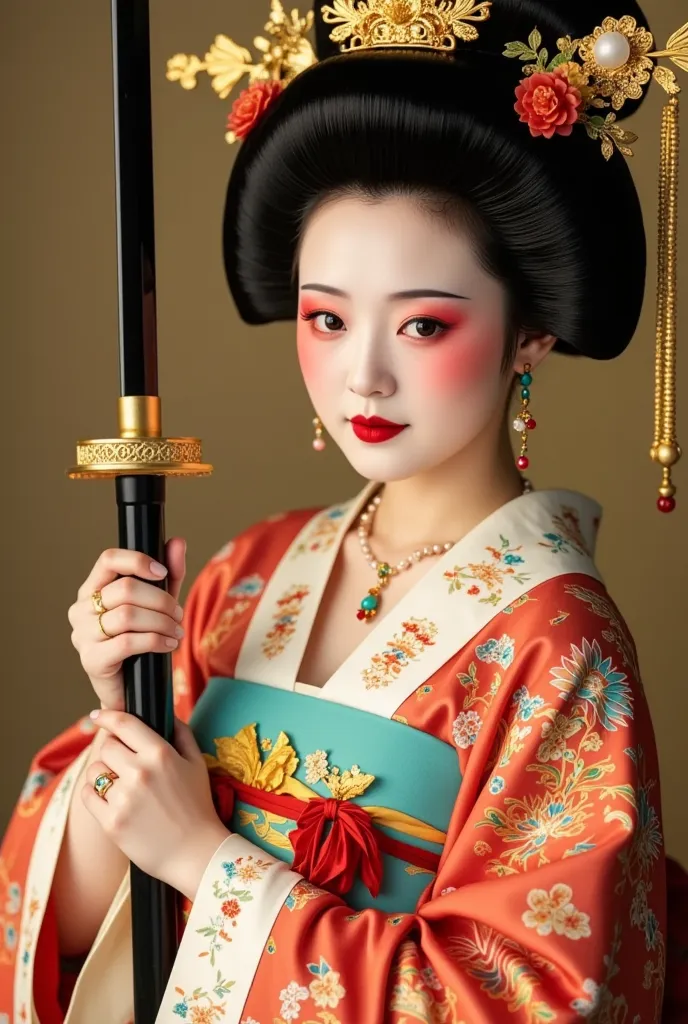 french white skin plump juicy woman dressed as a geisha, kimono beauty, holding a japanese sword