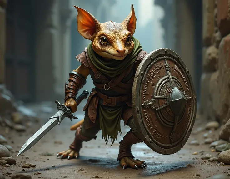 kobold rogue with a curved shield and a short sword and throwing daggers